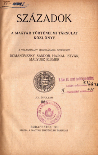 Szzadok LXV. vfolyam 1931. (teljes)