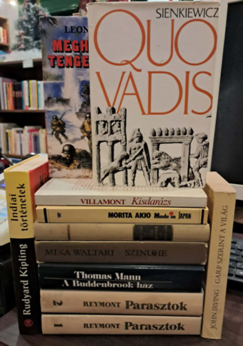 10 db-os vil�girodalmi K�NYVMENT� AJ�NLAT 11 k�tetben: Indiai t�rt�netek, Garp szerint a vil�g, Meghalsz, tenger�sz!, Quo Vadis, Kisdar�zs, Made in Japan, A legyek ura - A piramis, Szinuhe, A Buddenbrook h�z, Parasztok I-II.