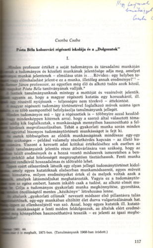 P�sta B�la kolozsv�ri r�g�szeti iskol�ja �s a " Dolgozatok " - dedik�lt -  K�l�nlenyomat