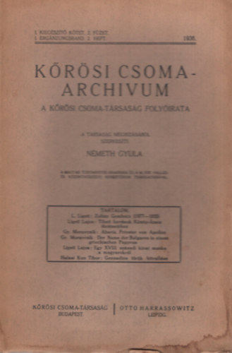 N�meth Gyula  (szerk.) - K�r�si Csoma-archivum - A K�r�si Csoma-T�rsas�g foly�irata (1. kieg�sz�t� k�tet. 2. f�zet)