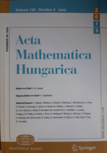 . Csszr Editor-in-Chief - Acta Mathematica Hungarica Volume 139, Number 4, June 2013