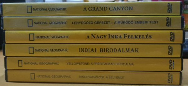 6 db National Geographic DVD: A Grand Canyon; A mkd emberi test; A Nagy Inka Felkels; Indiai birodalmak; Kincsvadszok: A selyemt; Yellowstone: A prrifarkas birodalma (6 DVD)