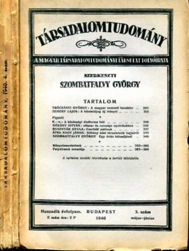 Trsadalomtudomny - 1940. Huszadik vfolyam 3. s 4. szm (mjus-jnius s szeptember-oktber)