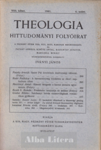 Theologia hittudomnyi folyirat VIII. ktet 1941. 4. szm
