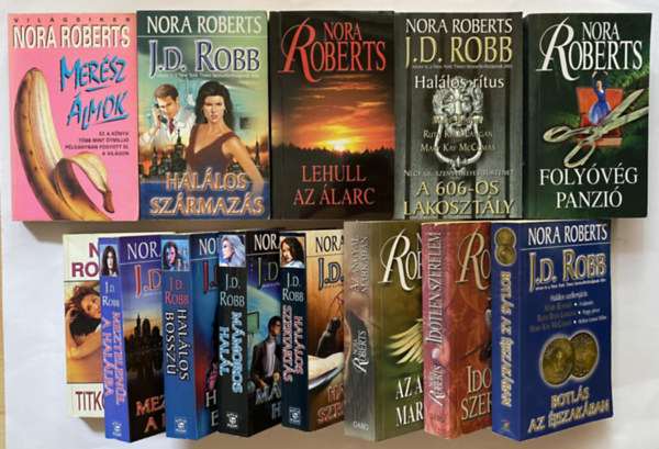 13 DB NORA ROBERTS KTET: 1.	A 606-OS LAKOSZTLY 2.	AZ ANGYAL MARKBAN 3.	BOTLS AZ JSZAKBAN 4.	FOLYVG PANZI 5.	HALLOS BOSSZ 6.	HALLOS SZRMAZS 7.	HALLOS SZERTARTS 8.	IDTLEN SZERELEM 9.	LEHULL AZ LARC 10.	MMOROS HAL