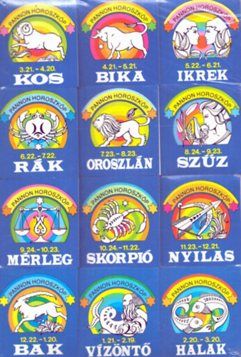 12 db. Pannon Horoszkp miniknyv (Vznt + Halak + Kos + Bika + Ikrek + Rk + Szz + Mrleg + Skorpi + Nyilas + Bak +Oroszln)