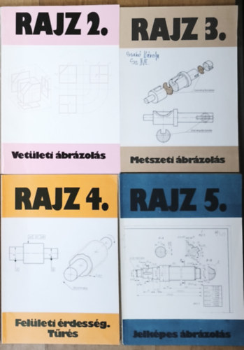 Szatmáry Béla, Seres Ferenc, Dr. Magyar Sándor Ocskó Gyula - 4db szakrajzokkal kapcsolatos tankönyv - Rajz 2.-Vetületi ábrázolás, Rajz 3.-Metszeti ábrázolás, Rajz 4.-Felületi érdesség, tűrés, Rajz 5.-Jelképes ábrázolás