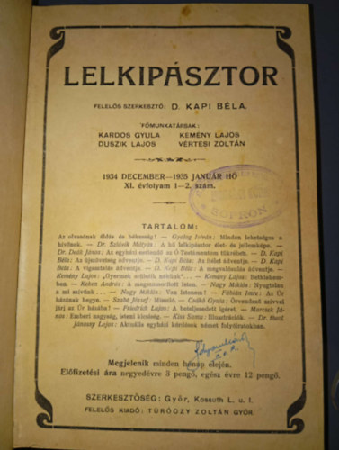 Lelkip�sztor (1934 December-1935 Janu�r XI. �vfolyam 1-2. sz�m)