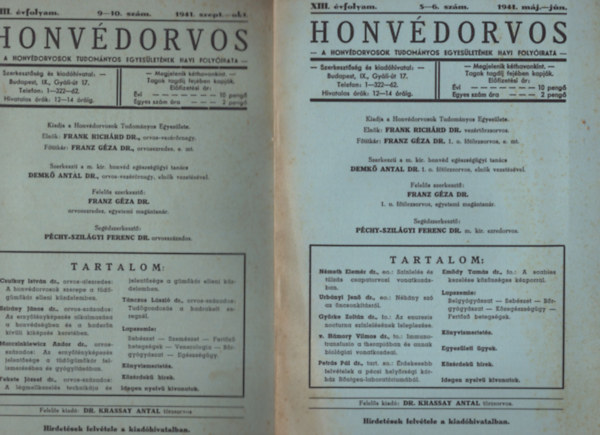 Honv�dorvos 1941. XIII. �vfolyam 1-2., 3-4., 5-6., 9-10. sz�mok (4 db)