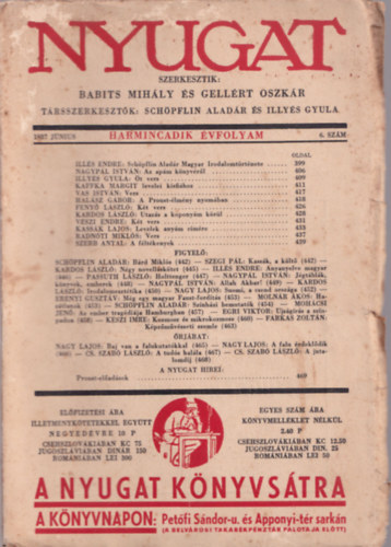 Babits Mihly - Gellrt Oszkr  (szerk.) - Nyugat - XXX. vfolyam 6. szm 1937. Jnius