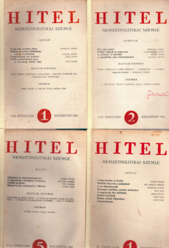 4 db Hitel foly�irat egy�tt: VIII. �vfolyam 1943/1., 2., 5. �s IX. �vfolyam 1944/1. sz�mok