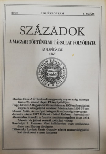 Szzadok - A Magyar Trtnelmi Trsulat Folyirata - 136. vfolyam - 2002/1