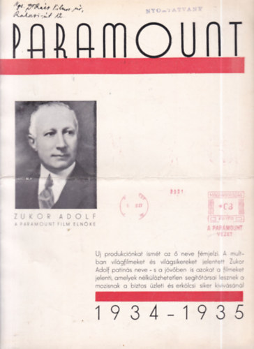 Paramount filmkatal�gus 1934-1935.