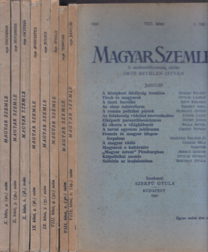 8 db Magyar Szemle: 1930/janur+februr+prilis+jlius+augusztus+oktber+november+december