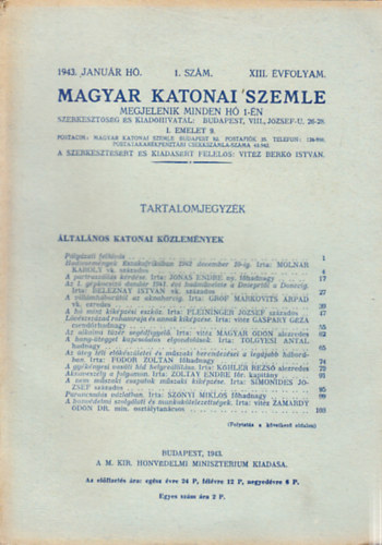 Vit�z Berk� Istv�n  (szerk.) - Magyar Katonai Szemle 1943. janu�r (XIII. �vf, 1. sz�m)
