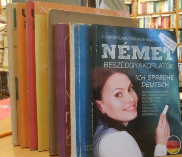 8 db nmet nyelv: Nmet beszdgyakorlatok; Nmet kezdknek I-II.; Magyar-nmet igei vonzatok; Nmet nyelvknyv kezdk szmra; Jtsszunk egytt! Tanulj velnk!; Keine angst vor hrtexten (Nmet beszdrts); Und was meinen I-II.