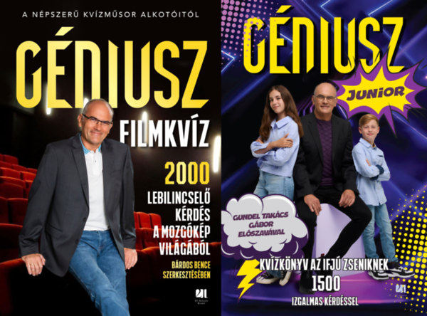 2 db G�niusz kv�zk�nyv: G�niusz filmkv�z - 2000 lebilincsel� k�rd�s a mozg�k�p vil�g�b�l + G�niusz Junior Kv�zk�nyv - Kv�zk�nyv az ifj� zseniknek 1500 izgalmas k�rd�ssel