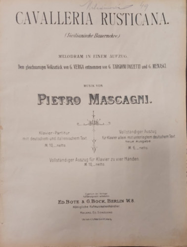 Cavalleria rusticana - Parasztbecslet (kotta)