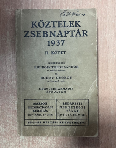 K�ztelek zsebnapt�r 1937 II. k�tet