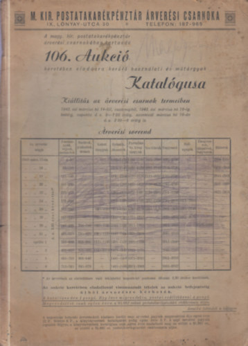 A M. Kir. Postatakar�kp�nzt�r 106. aukci�j�nak katal�gusa