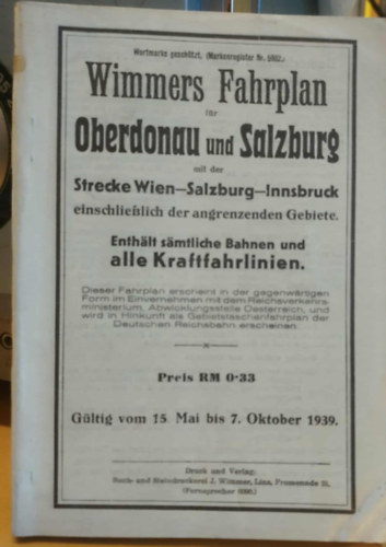 Wimmers Fahrplan: Oberdonau und Salzburg (G�ltig vom 15. Mai bis 7. Oktober 1939)