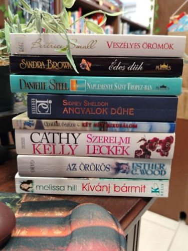 Bertrice Small Sandra Brown Danielle Steel Sidney Sheldon Cynthia Parker Cathy Kelly Esther C. Wood Melissa Hill - KÖNYVMENTŐ AJÁNLAT, 8 DB. ROMANTIKUS REGÉNYEK. Veszélyes örömök, Édes düh, Naplemente Saint-Tropez-ban, Angyalok dühe, Két hét luxusálom, Szerelmi leckék, Az örökös, Kívánj bármit