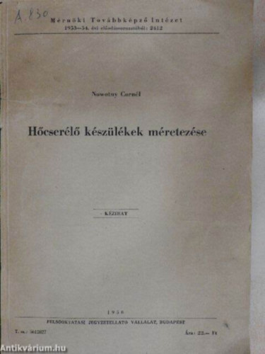 Hcserl kszlkek mretezse - MRNKI TOVBBKPZ INTZET 1953-54. VI ELADSSOROZATBL/KZIRAT