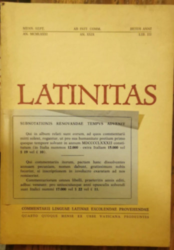 Latinitas (Mens. Sept. An. XXIX. Lib. III.) 1981.