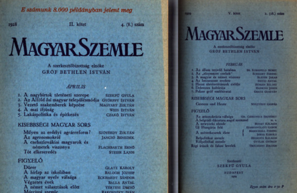 Magyar Szemle 1928. II. ktet 4. szm, 1939. V. ktet 2. szm, 1932. XV. ktet 3. szm, 1932. XVI. ktet 1. szm, 1934. XXII. ktet 2. szm, 1935. XXIII. ktet I. szm