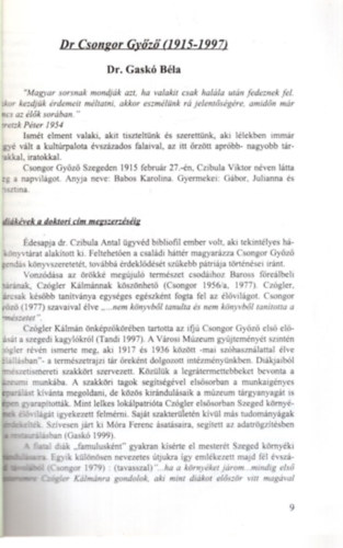 Dr. Csongor Gyz ( 1915-1997 ) Termszettudomnyi Tanulmnyok Studia Naturalia 1. - Klnlenyomat