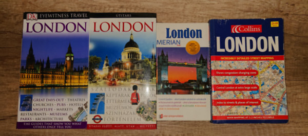 4 �tik�nyv Londonba k�sz�l�knek (2 magyar / 2 angol nyelv�): London (Merian), London (�tit�rs) / London (Eyewitness), London (Street Atlas)