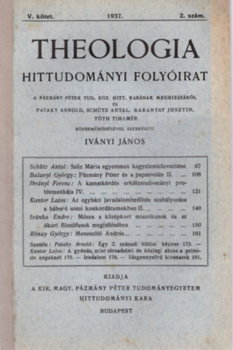 Theologia  - Hittudomnyi Folyirat V. ktet 1937. 2. szm