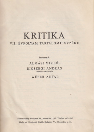 Kritika - VII. �vfolyam (1969), 1-12. sz�m (egybek�tve)