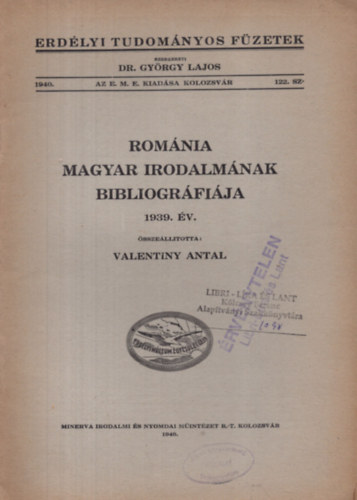 Romnia magyar irodalmnak bibliogrfija 1939.