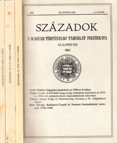 Szzadok 1989/1-6. (teljes vfolyam, 3 ktetben)