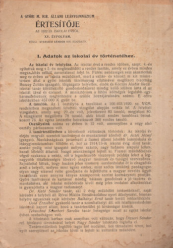 Strasser Sndor - A Gyri M. Kir. llami Lenygimnzium rtestje az 1922/23. iskolai vrl