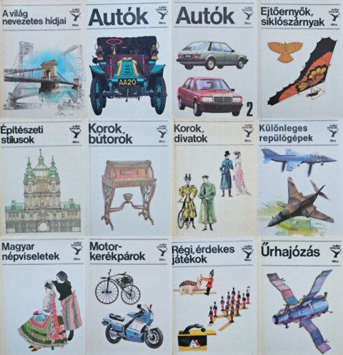 12 db Kolibri k�nyvek: Aut�k 1-2. + Ejt�erny�k, sikl�sz�rnyak +  �p�t�szeti st�lusok +  R�gi, �rdekes j�t�kok + A vil�g nevezetes h�djai + Motorker�kp�rok +  Korok, b�torok + Korok, divatok +  K�l�nleges rep�l�g�pek +  Magyar