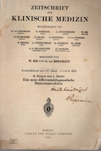 W. His, Dr. Purjesz Bla G. von Bergmann - Zeitschrift fr klinische medizin- dediklt