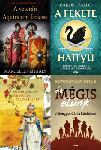 4 db magyar trtnelmi regny (4 m 5 ktetben) : A vetern / Aquincum farkasa (Pannonia Romanum 1-2.) + A fekete hatty - Trtnelmi regny a tatrdls korbl + Erdlyi menyegz (rasszonyok 1.) + s mgis lnk -