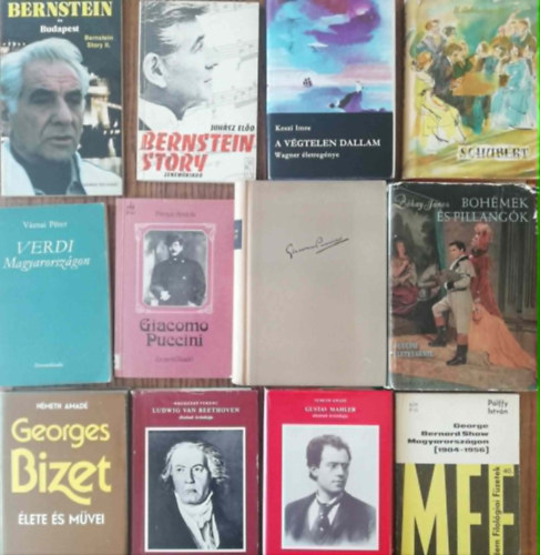 12 k�tet k�lf�ldi zeneszerz�k �letrajzi k�nyveib�l (Bernstein, Wagner, Schubert, Verdi, Puccini, Bizet, Beethoven, Mahler, Bernard Show)