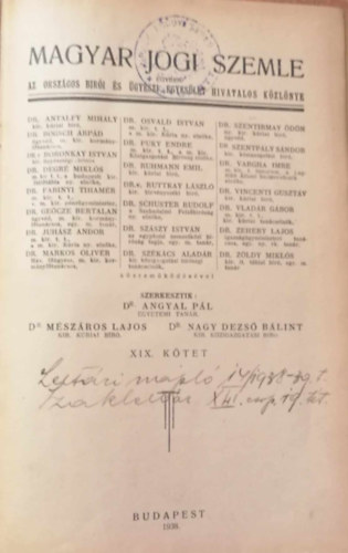 Magyar jogi szemle 1938. XIX. ktet