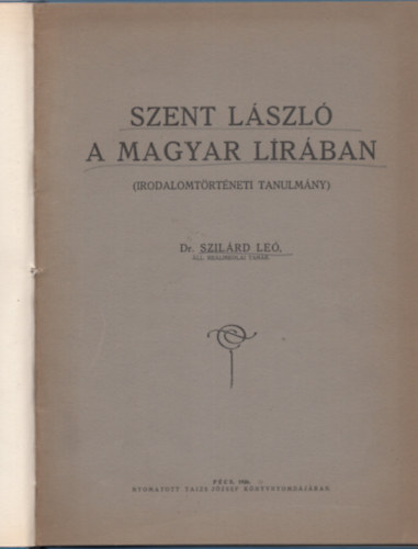 Szent Lszl a magyar lrban (irodalomtrtneti tanulmny)