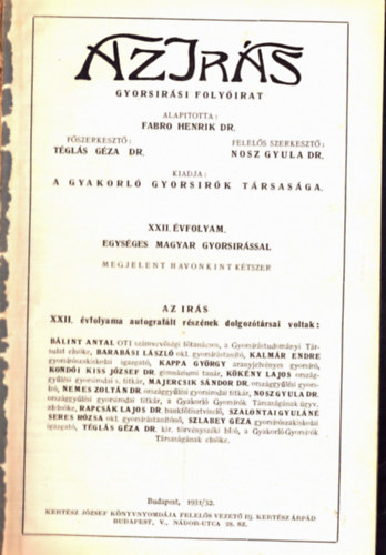 Az Irs (gyorsirsi folyirat) XXII. vf. (1932/32.)