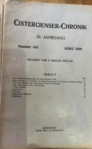 Cistercienser-Chronik 38. Jahrgang - Nummer 445, Marz 1926; Inhalt