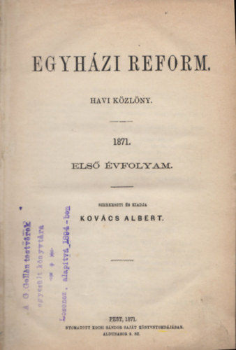 Egyhzi reform havi kzlny 1871. els vfolyam