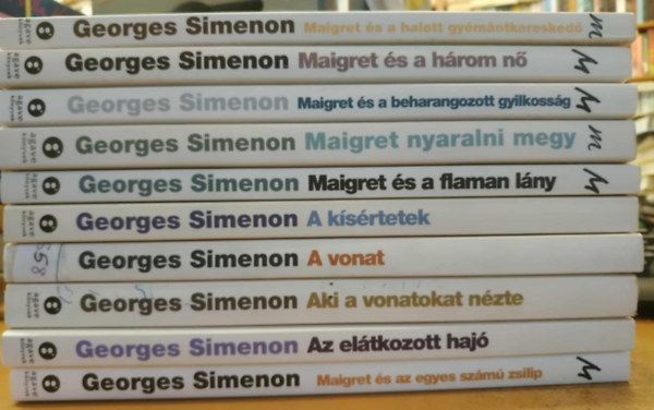 10 db Simenon krimi: Maigret s a halott gymntkeresked; Maigret s a hrom n; Maigret s a beharangozott gyilkossg; Maigret nyalaralni megy; Maigret s a flamand lny; A ksrtetek; A vonat; Aki a vonatokat nzte; Az eltkozott ha