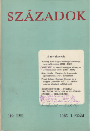 Szzadok 1985/1. (A Magyar Trtnelmi Trsulat kzlnye)