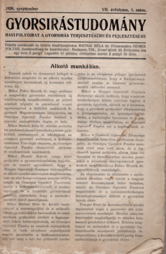 Gyorsrstudomny VII. vfolyam 1- 10. sz. 1926 szeptember- 1927 jnius ( egybektve )