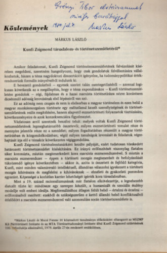 Kunfi Zsigmond trsadalom- s trtnetszemlletrl -klnlenyomat a Trtnelmi Szemle 1980/1. szmbl - dediklt