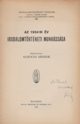 Kozocsa Sndor - Az 1934-ik v irodalomtrtneti munkssga